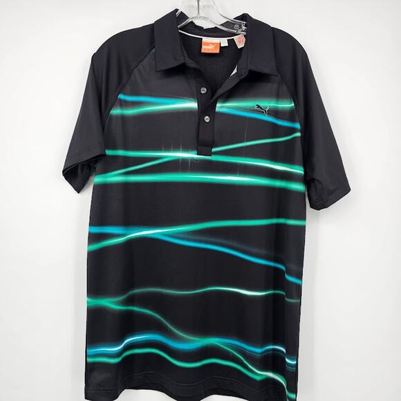 Mens Puma Polo Pullover Shirt 3 Button Size Medium Black, BlueTeal Gometric - Picture 1 of 6